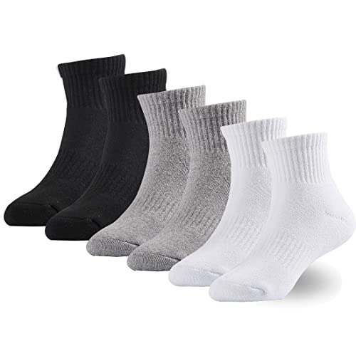 Marchare Jungensocken Kinder Gepolsterte Crew Socken Mädchen Dicke Baumwoll-Sportsocken 10-14 Jahre Schwarz/Weiß/Grau 6er-Pack von Marchare