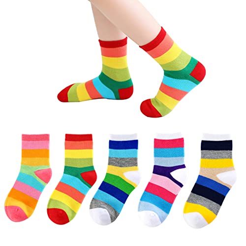 Marchare Mädchen Seamless Crew Baumwollsocken Kinder Freizeitsocken 13-15 Jahre Schulsocken Regenbogenstreifen Farbe A 5er Pack von Marchare