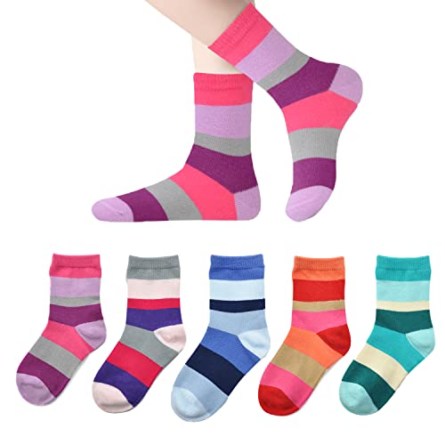 Marchare Mädchen Seamless Crew Baumwollsocken Kinder Freizeitsocken 13-15 Jahre Schulsocken Regenbogenstreifen Farbe B 5er Pack von Marchare