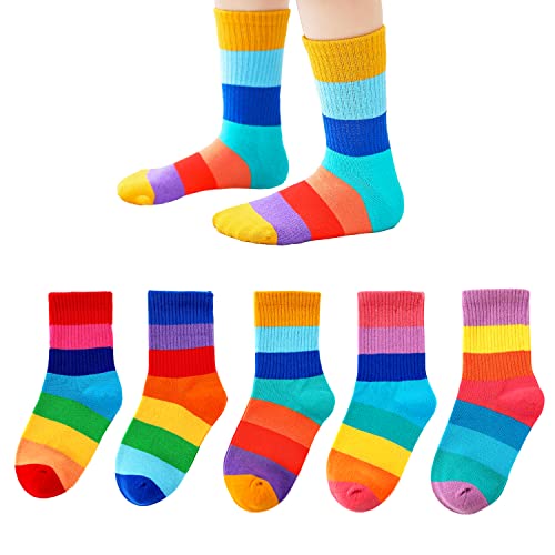 Marchare Mädchen Seamless Crew Baumwollsocken Kinder Freizeitsocken 13-15 Jahre Schulsocken Regenbogenstreifen Farbe C 5er Pack von Marchare