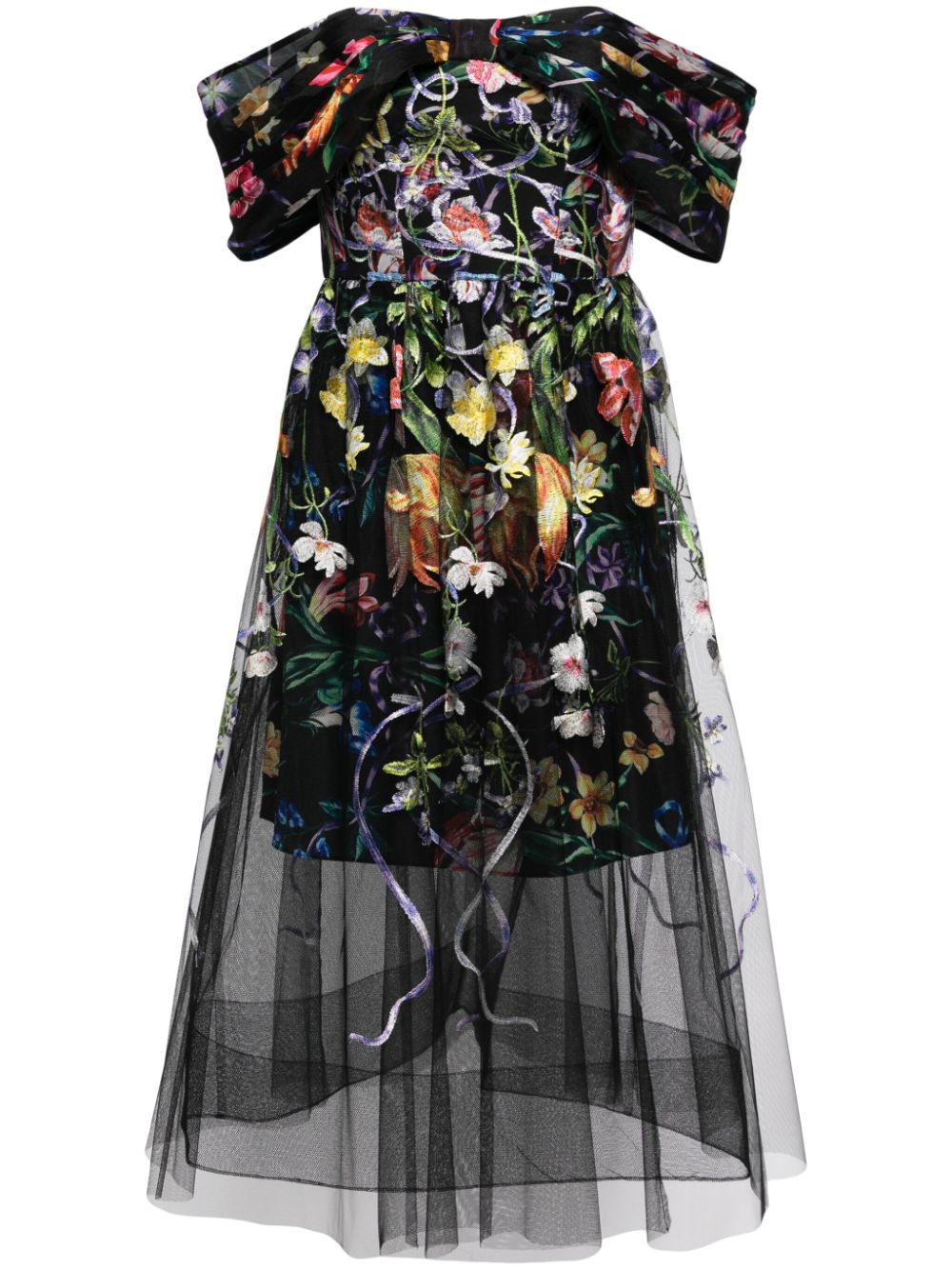 Marchesa Notte Ribbons Midikleid mit Blumenstickerei - Schwarz von Marchesa Notte