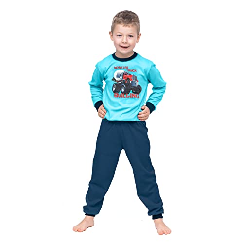 Marcinkowski Happy Jungen Pyjama aus 100% Baumwolle - Warmer, Bequemer Herren-Pyjama mit Stilvollen Aufdruck (as3, Numeric, Numeric_116, Regular, Monster Truck | Türkis - Marineblau) von Marcinkowski