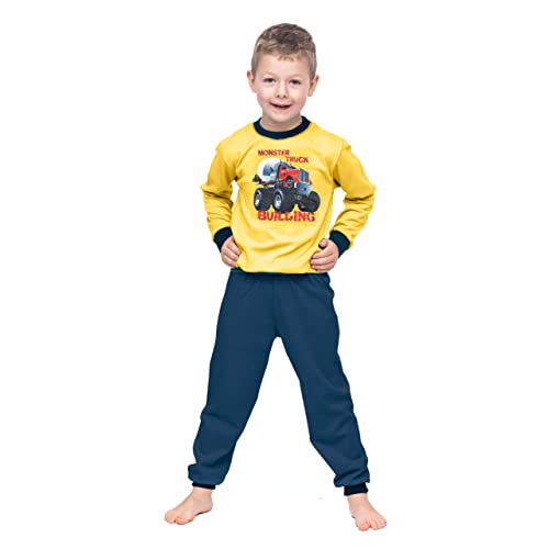 Marcinkowski Happy Jungen Pyjama aus 100% Baumwolle - Warmer, Bequemer Herren-Pyjama mit Stilvollen Aufdruck (as3, Numeric, Numeric_122, Regular, Monster Truck | Gelb - Marineblau) von Marcinkowski