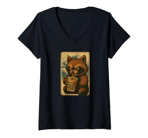 Damen Marderhund drinkt Bubble Tea Japanisches Vintage T-Shirt mit V-Ausschnitt Damen Marderhund drinkt Bubble Tea Japanisches Vintage T-Shirt mit V-Ausschnitt von Marderhund Bubble Tea Retro Kawaii Shop