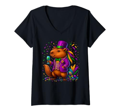 Damen Capybara Mardi Gras Capybara Kostüm Herren Damen Karneval T-Shirt mit V-Ausschnitt von Mardi Gras Outfit Capybara Costume Men Women