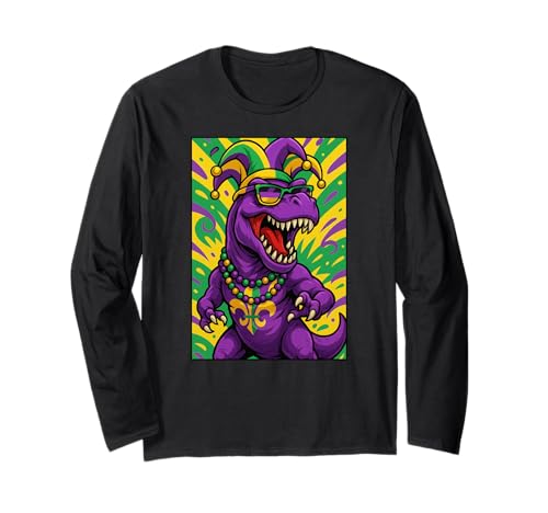 Dinosaurier Trex Fleur de Lis Mardi Gras Narrenhut Herren Damen Langarmshirt von MardiGrasAxis1