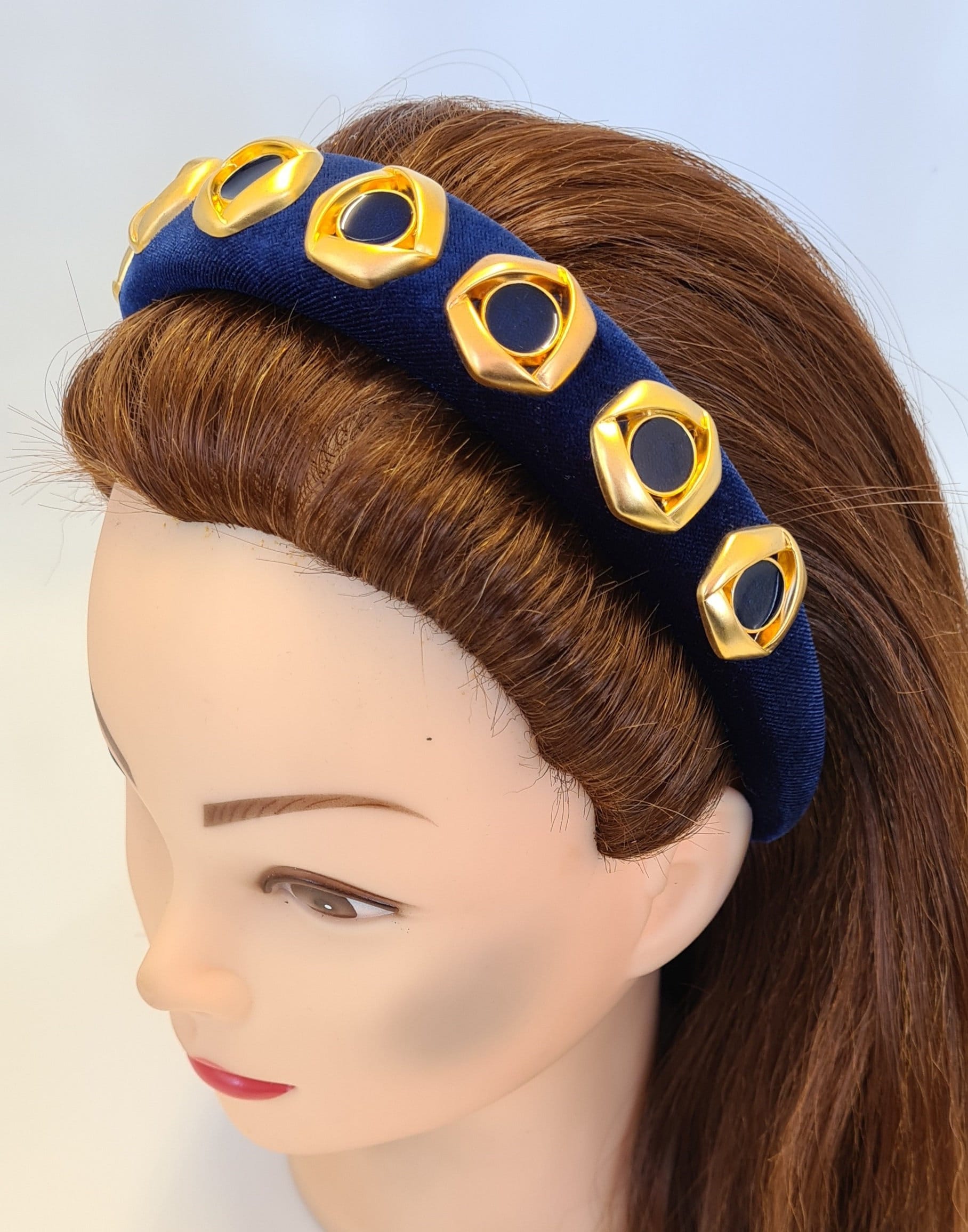 Marine Gepolstertes Samt Stirnband Gold Blau Verzierung Damen Haarband Barock Stil Breite Krone Fascinator Tiara Halo Headpiece von MareeAlexanderDesign