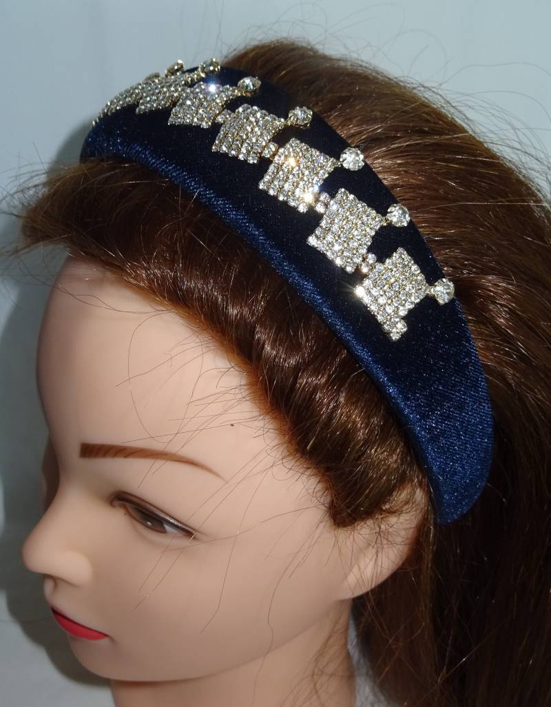 Navy Samt Stirnband Gold Ton Kristall Strass Verzierung Damen Haarband Handarbeit Barock 4cm Breit Krone Fascinator Weihnachtsgeschenk von MareeAlexanderDesign