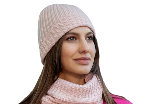 Gemischte Kaschmirmütze Herren Damen Made in Italy Hut Schal Mütze Kaschmir Winter Mütze Unisex Merinowolle Schwarz Grau Weiß Beige Warm Einheitsgröße Pashmina, Rosa, One size von Marenza