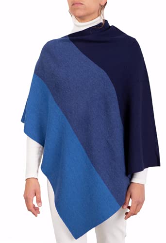 Gestreifter Poncho für Damen, Merinowolle, hergestellt in Italien, Kaschmir-Mischung, Schwarz, Beige, Weiß, Blau, Grau, Strick, Einheitsgröße, Geschenk, Schultertuch, blau, One size von Marenza