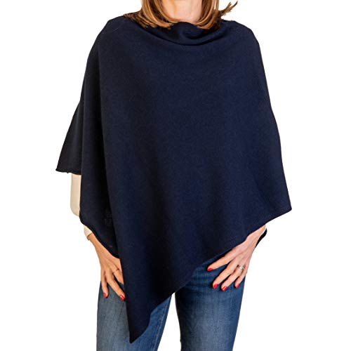 Kaschmirmischung Poncho Frau Made in Italy Merinowolle Kaschmir Schwarz Beige Weiß Blau Grau Strick Umhang Schal One Size Geschenk Winterkleidung Pashmina, Dunkelblau Einheitsgröße von Marenza