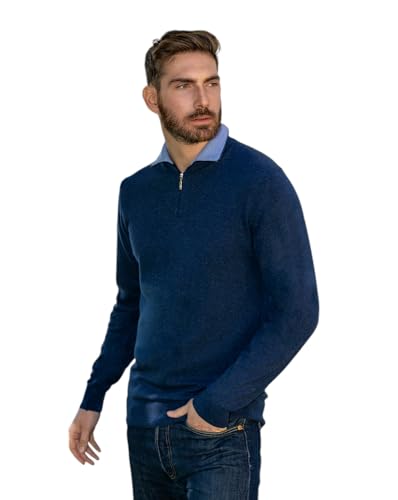 Marenza Herren-Rollkragenpullover aus Kaschmir-Seide, hergestellt in Italien, Blau Melange, Large von Marenza
