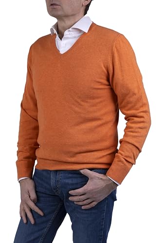 Marenza V-Ausschnitt Herren Langarm Kaschmir-Mischung Seide Made in Italy, Orange, XL von Marenza