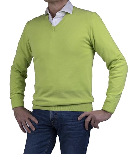 Marenza V-Ausschnitt Herren Langarm Kaschmir-Mischung Seide Made in Italy, Säuregrün., M von Marenza