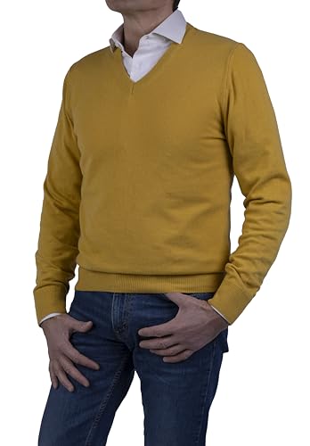 Marenza V-Ausschnitt Herren Langarm Kaschmir-Mischung Seide Made in Italy, Senf, Large von Marenza