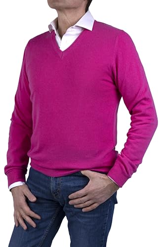 Marenza V-Ausschnitt Herren Langarm Kaschmir-Mischung Seide Made in Italy, fuchsia, XXL von Marenza