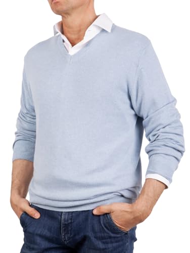 Marenza V-Ausschnitt Herren Langarm Kaschmir-Mischung Seide Made in Italy, hellblau, L von Marenza