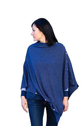 Poncho Buttons Cashmere Blend Frau Made in Italy Merinowolle Cashmere Schwarz Beige Weiß Blau Grau Strick Cape Schal One Size Mehrzweck Winterkleidung Achselzucken (Blue Melange) von Marenza