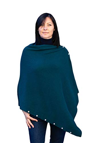 Poncho Buttons Cashmere Blend Frau Made in Italy Merinowolle Cashmere Schwarz Beige Weiß Blau Grau Strick Cape Schal One Size Mehrzweck Winterkleidung Achselzucken (Dunkelgrün) von Marenza