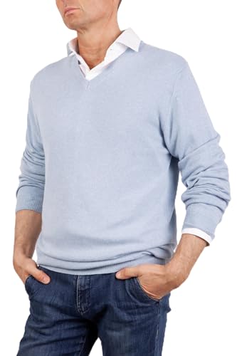 V Neck Herren Mixed Kaschmir Seide Made in Italy Pullover Paricollo Langarm Pullover Wolle Merino Cachemire Pullover Beige Blau Grau Stricken Geschenk, quiet shade-clematis blue, XL von Marenza