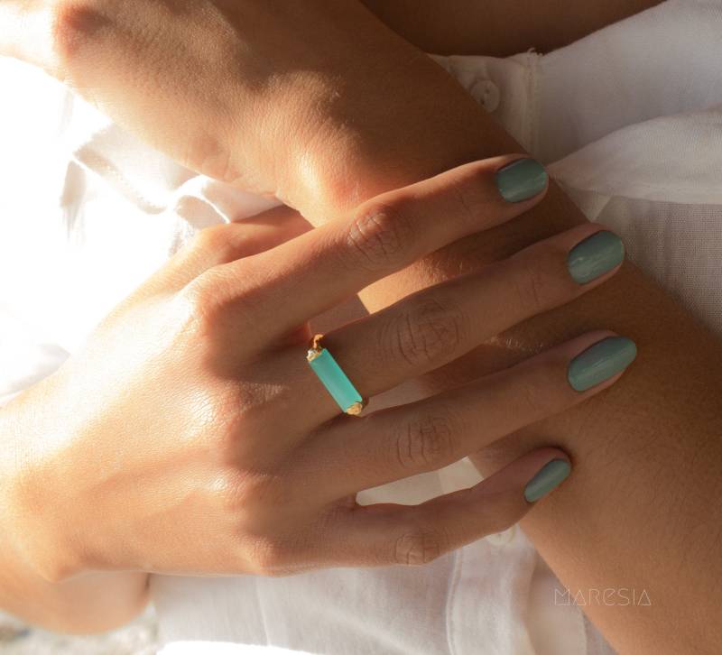 Aqua Chalcedon Goldring ~ Filigran 18K Vergoldet Handgemacht Edelstein Statement Hippie Boho Juni Geburtsstein Mr162 von MaresiaJewelry