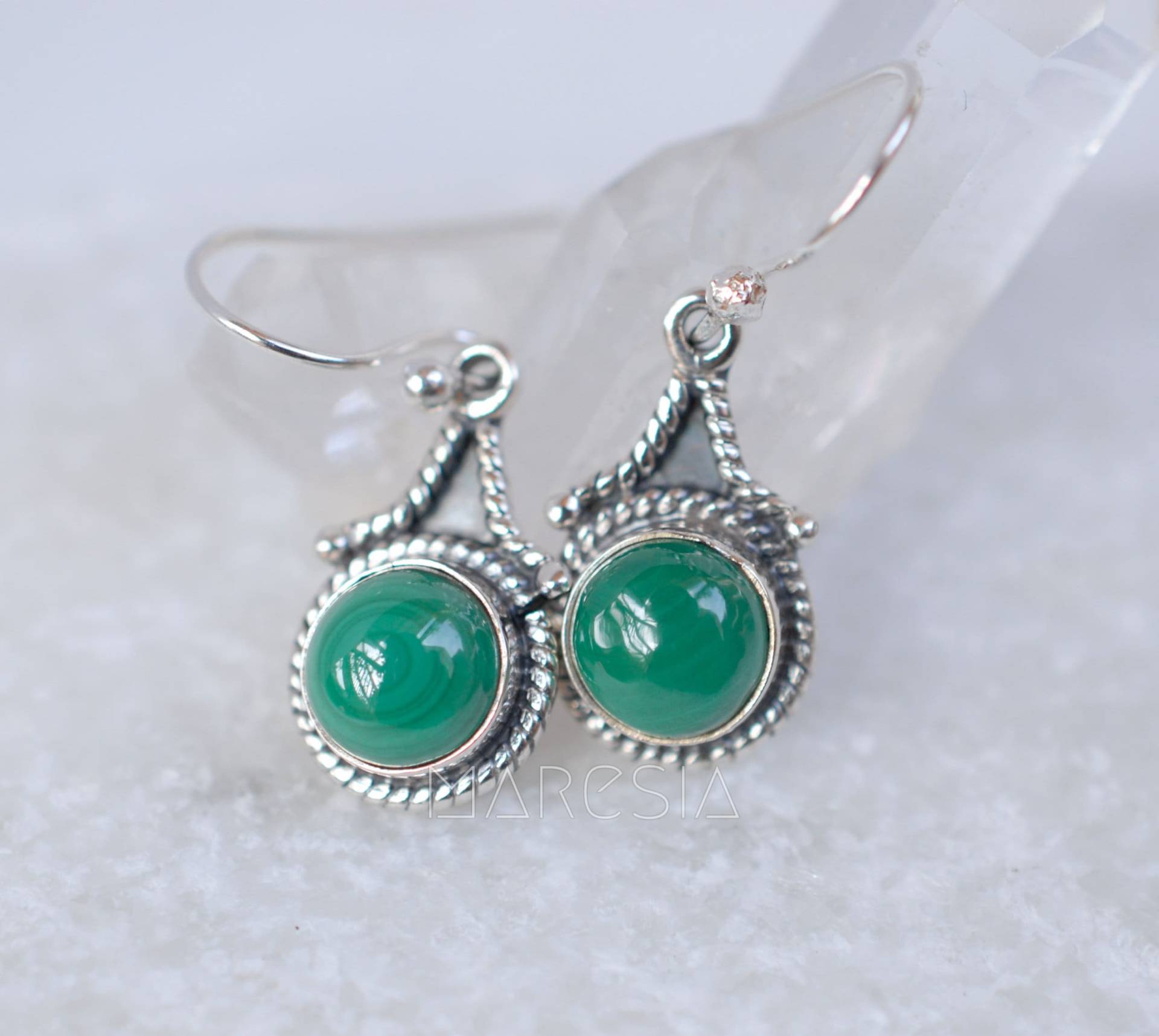 Malachit Ohrringe ~ Sterling Silber 925 Baumeln Grüner Edelstein Naturstein Me010 von MaresiaJewelry