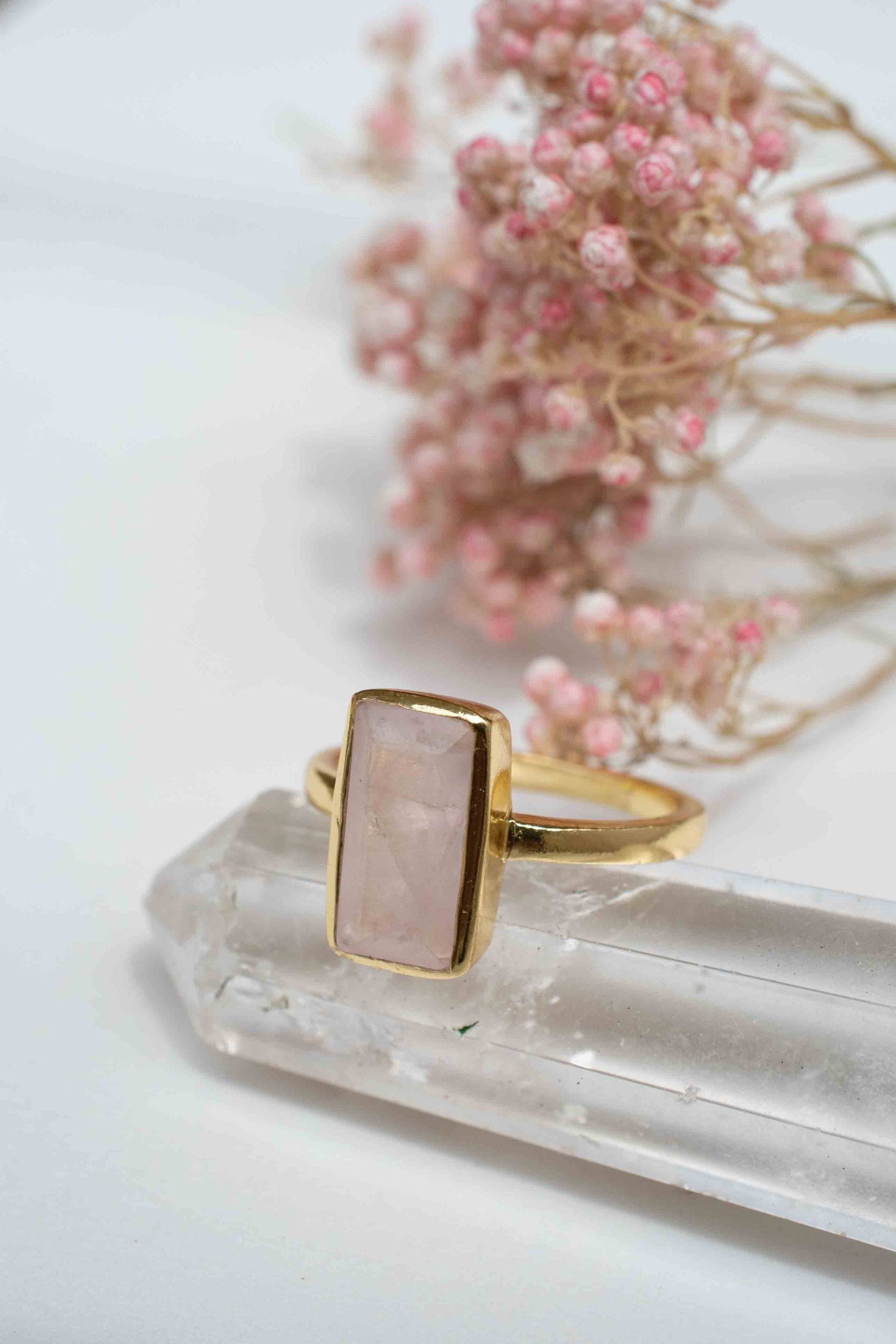 Rosenquarz Ring ~ Edelstein Natürlich 18K Vergoldet Schmuck Handgemacht Januar Geburtsstein - Mr138 von MaresiaJewelry