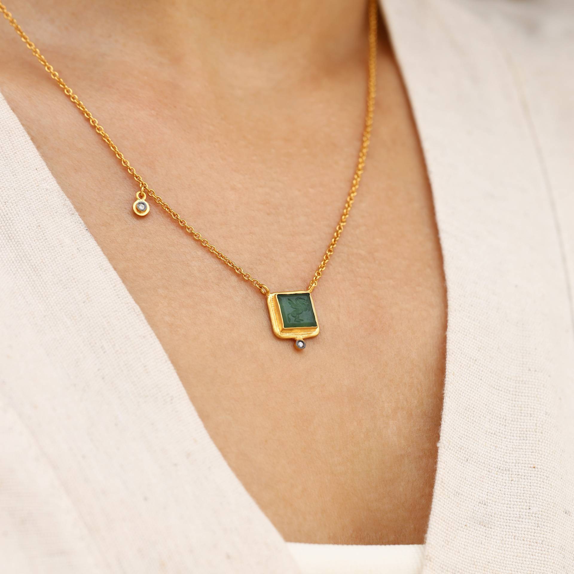 Zeugma Halskette, 24K Gelbgold Über Silberkette Mit Diamanten, Geschenk Für Sie, Antiker Schmuck von Maresuijewelry