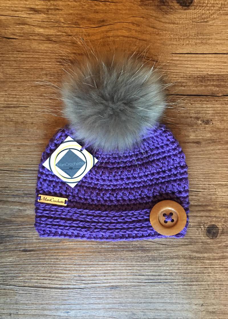 Tuque "Nordick" Lila Mütze Baby Kind 1-3 Jahre Häkeln. Grospompon in Echtem Fell. Hut Große Bommel Fell Echtes Kinder von MariCrochette