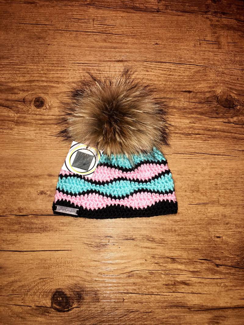 Tuque Wave Mütze Beanie Baby Kind Aus Wolle Gehäkelt Großen Pompon in Echtem Fell Kinder Große Bommel Echtpelz Winter Winter von MariCrochette