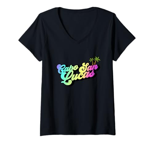 Damen Cabo San Lucas Mexiko Retro Typografie 70er Jahre Ästhetik T-Shirt mit V-Ausschnitt Damen Cabo San Lucas Mexiko Retro Typografie 70er Jahre Ästhetik T-Shirt mit V-Ausschnitt von Maria And Flox