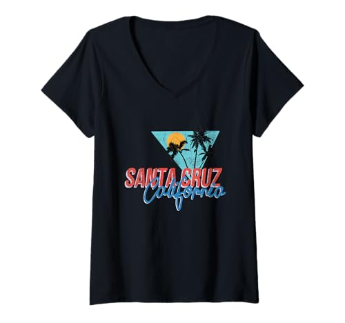 Damen California Palm Tree Santa Cruz Beach Sommerurlaub Retro T-Shirt mit V-Ausschnitt Damen California Palm Tree Santa Cruz Beach Sommerurlaub Retro T-Shirt mit V-Ausschnitt von Maria And Flox
