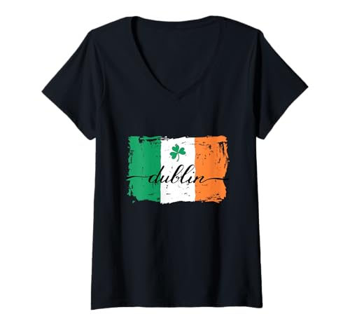 Damen Dublin Handschrift Kalligraphie auf Grunge bemalte irische Flagge T-Shirt mit V-Ausschnitt Damen Dublin Handschrift Kalligraphie auf Grunge bemalte irische Flagge T-Shirt mit V-Ausschnitt von Maria And Flox