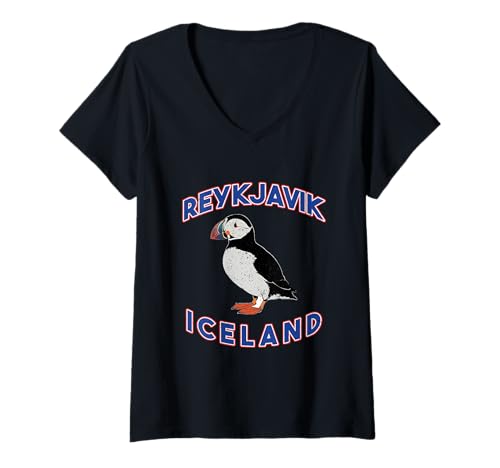 Damen Papageientaucher Reykjavik Island Classic Bold Typografie T-Shirt mit V-Ausschnitt Damen Papageientaucher Reykjavik Island Classic Bold Typografie T-Shirt mit V-Ausschnitt von Maria And Flox