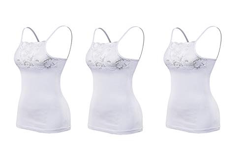 Maria Angel 3 Stück Damen Einfarbig Baumwolle Weste Top Spitzenbesatz Ausschnitt Design Cami Strappy Camisole 5010 Gr. Large, weiß von Maria Angel