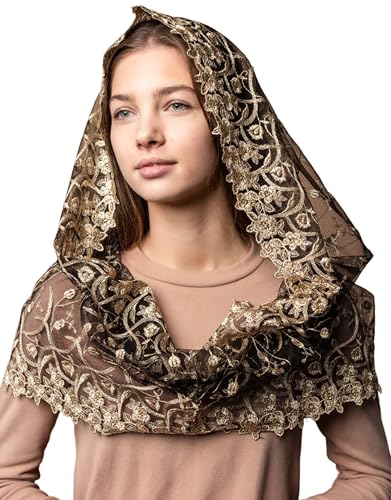 Katholischer Mantilla Mass Infinity Kapelle Kirchenschleier – Spitzenkathedrale Kopfschleier für Damen, Gold, Infinity von Maria Veils