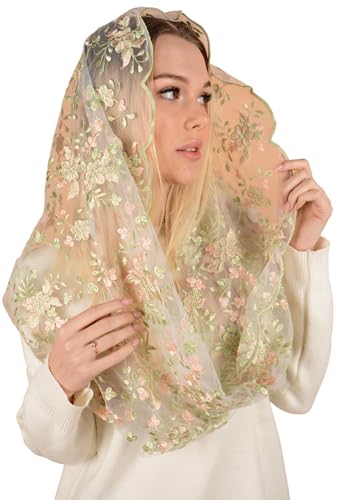 MARIA VEILS Katholischer Mantilla Mass Infinity Schleier Kirche Spitzenschleier Spanische Kapelle Kirchenschleier für Frauen Kopfbedeckung Schleier Infinity, Pfirsich/Pistazie, Infinity von Maria Veils