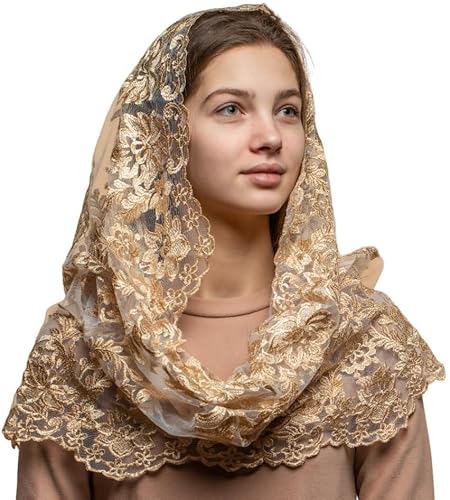 Maria Veils Katholische Mantilla Mass Infinity Kirche Spitzenschleier Spanische Kapelle Kirchenschleier für Frauen Kathedrale Masse Kopf, Gold/Elfenbein, Lange Maria Veils Katholische Mantilla Mass Infinity Kirche Spitzenschleier Spanische Kapelle Kirchenschleier für Frauen Kathedrale Masse Kopf, Gold/Elfenbein, Lange von Maria Veils