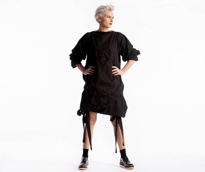 Frauen Leinen Tunika, Avantgarde Kleidung, Schwarzes Tunika Kleid, Midi Dekonstruiertes Bubble Leinenkleidung, Kleid von MariaQueenMaria