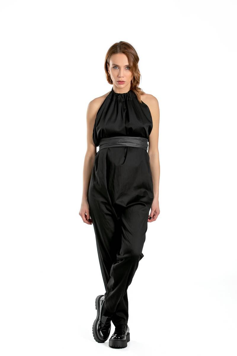 Sommer-Baumwoll-Jumpsuit Mit Bloßem Rücken, Schwarzer Frauen-Jumpsuit, Jumpsuit Geradem Bein Und Breitem Gürtel, Plus Size Kleidung von MariaQueenMaria