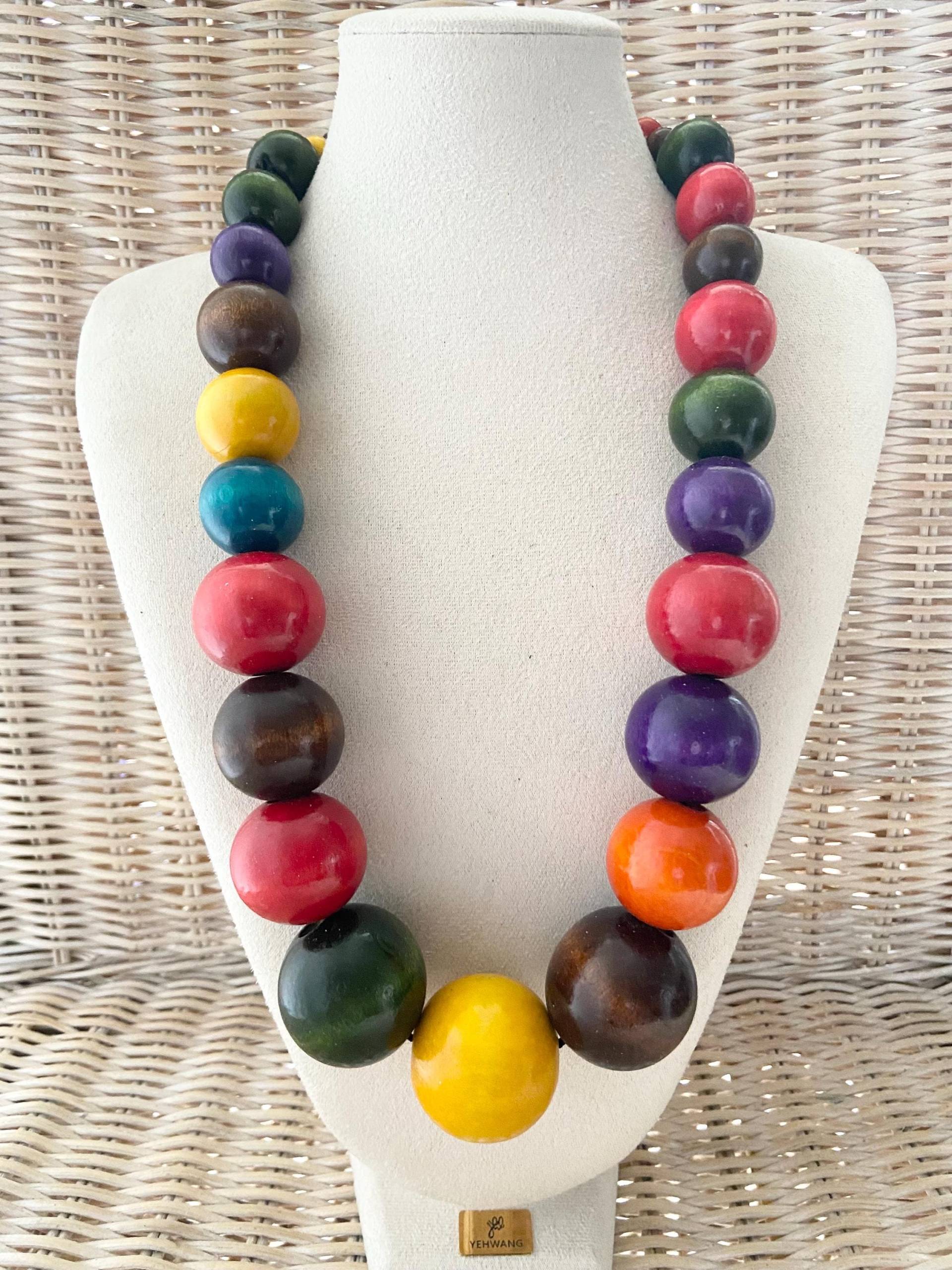 Damen Kette Statement Perlenkette Modeschmuck Handgefertigt Bunt Halskette Blogger Modekette Extravagant Boheme Look Holzperle 1cm - 4cm von Mariandldesign