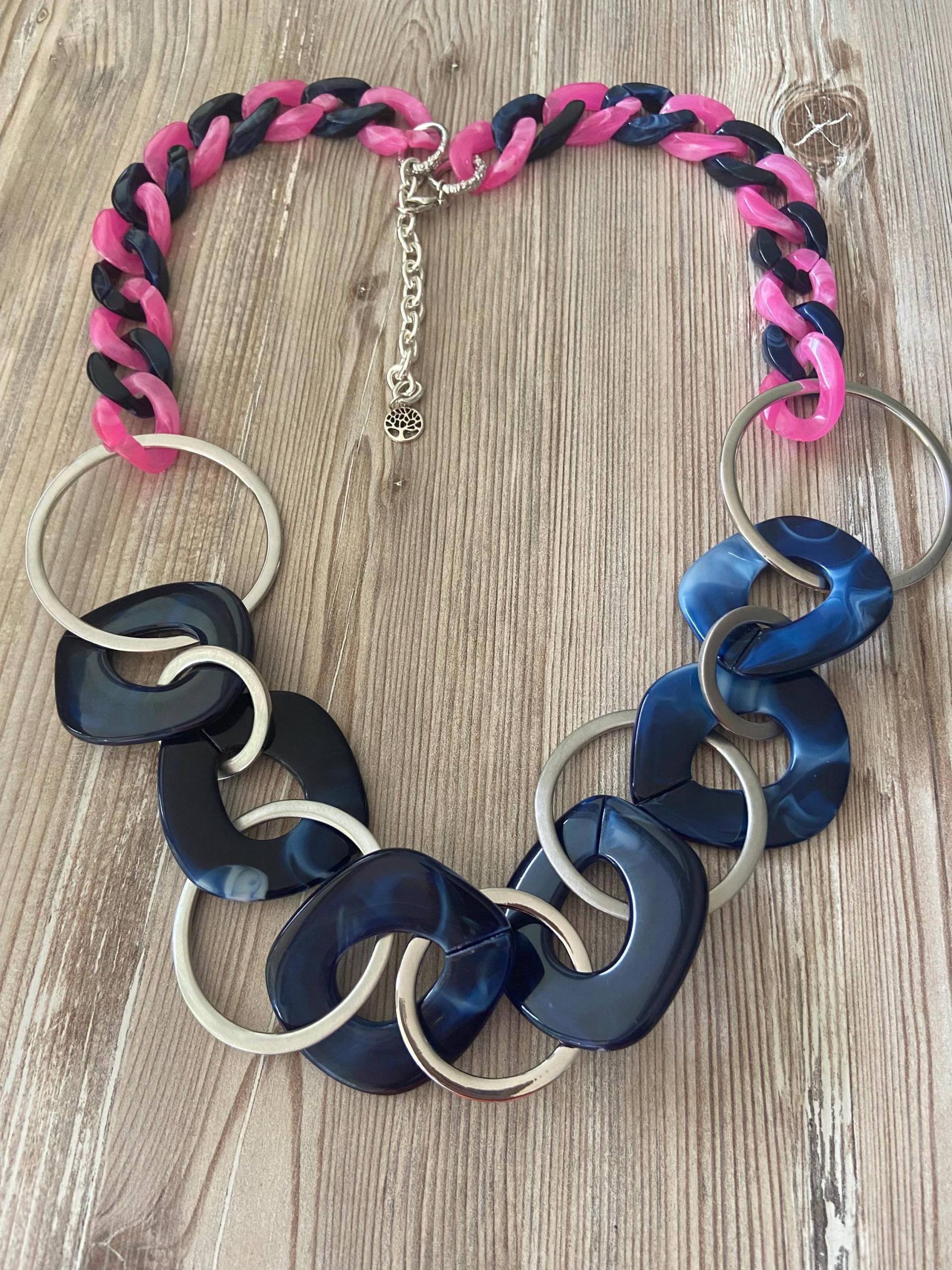 Damen Statement Kette Blogger Modeschmuck Pulloverkette Halskette Lang 75cm Blau Pink Silberfarbig Modekette Extravagant Gliederkette von Mariandldesign