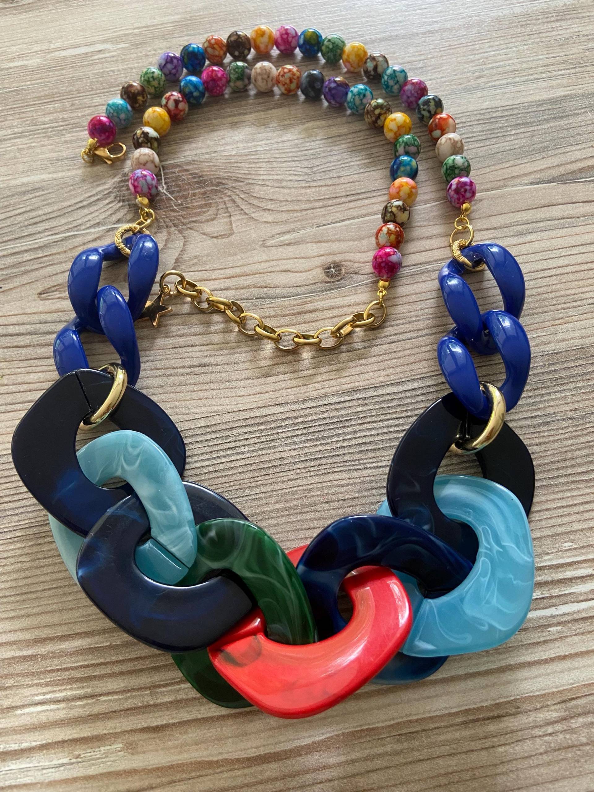 Damen Statement Kette Blogger Modeschmuck Pulloverkette Halskette Lang 75cm Bunte Modekette Extravagant Glieder Perlenkette von Mariandldesign