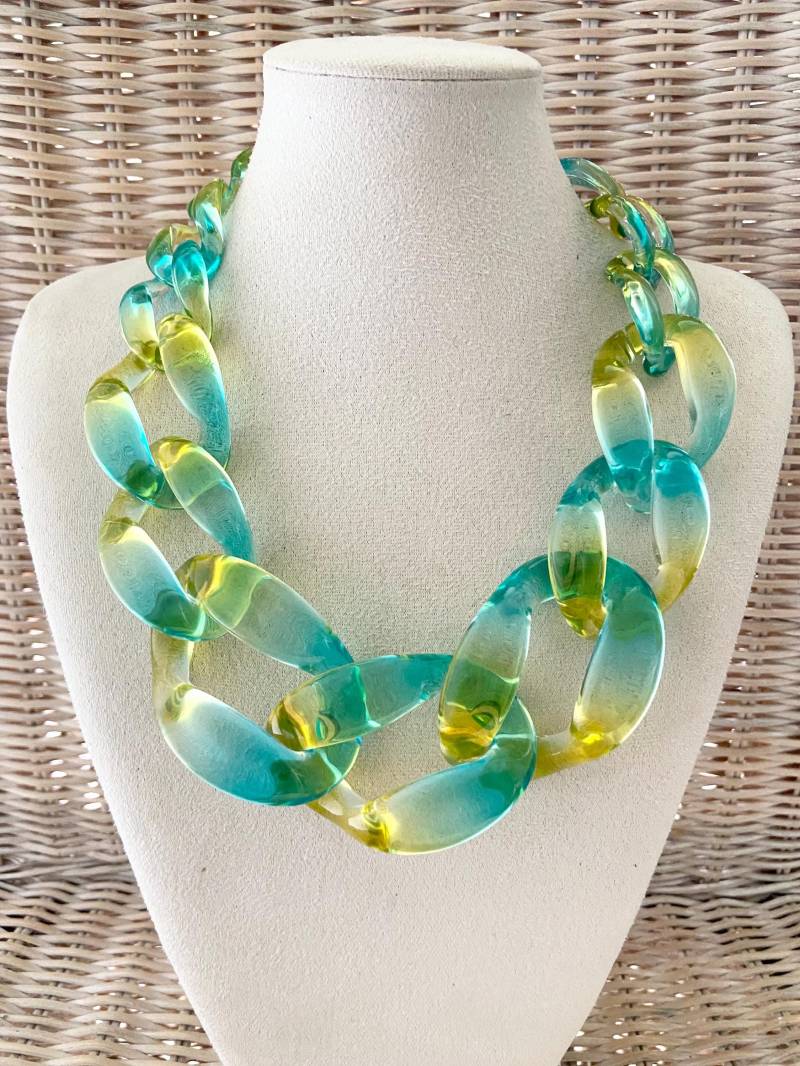 Halskette Statement Damenkette Gliederkette Chunky Kette Modeschmuck Acryl Bib Transparent Gelb Türkis von Mariandldesign