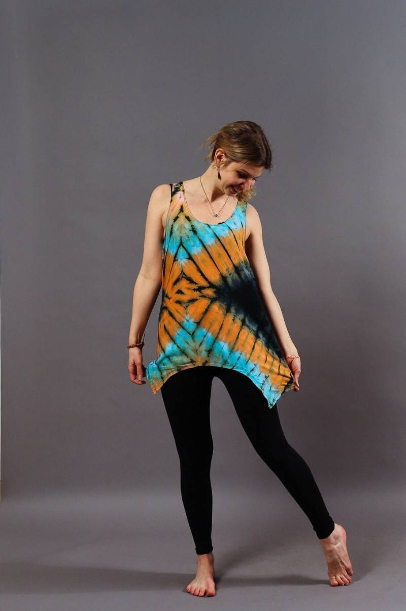 Zipfel-Top "Ayala" - Orange/Hellblau Batik Hippie Handarbeit Fair von MaridadiFashionDE