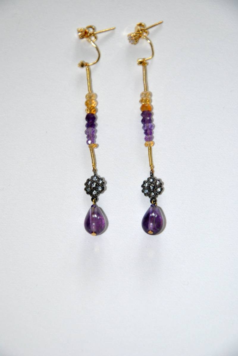 Lange Hinter Gold Vergoldet Und Zirkone, Amethyst Topas Lange Ohrringe von MarieSubirana