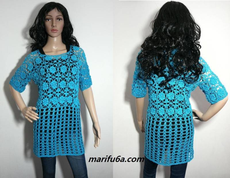 Gehäkelte Blaue Top Tunika Grösse M-L von Marifu6aStore