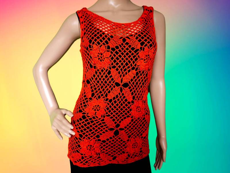 Versandfertig Gehäkelte Orange Weste Top Tunika Größe M von Marifu6aStore