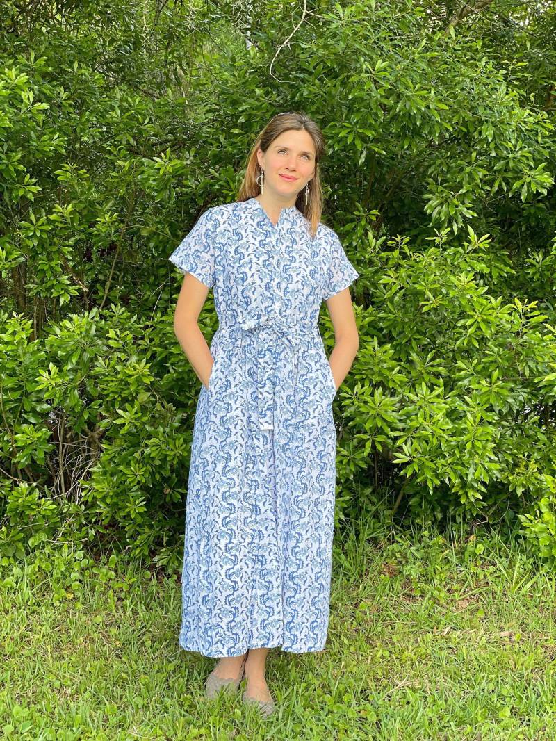 Blaues Und Weißes Blumen Blockprint Kleid/Baumwoll Sommerkleid Boho Vintage Maxi Bequemes Breezy von MarigoldMktplace