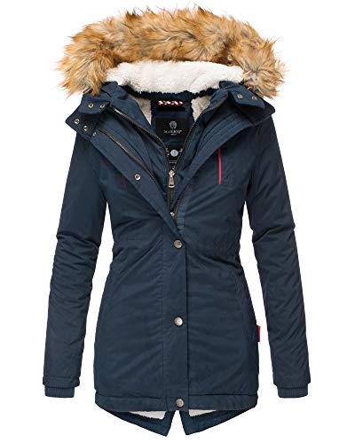 MARIKOO Damen Winter Jacke Parka Gefüttert mit Kapuze & Kunstpelz Blau 34 - XS von MARIKOO